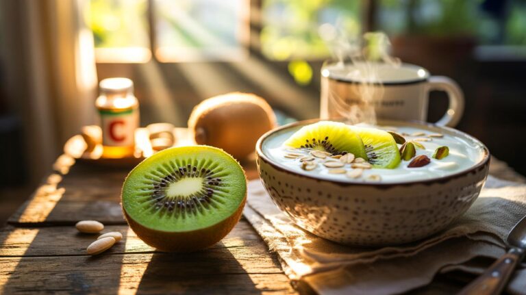 Illustration d’un kiwi au petit-déjeuner, alternative aux compléments alimentaires pour stimuler l’immunité