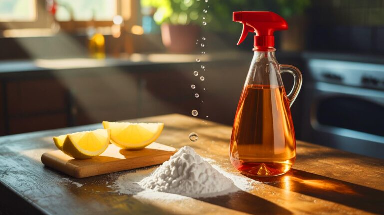 Illustration d'un nettoyant naturel composé de vinaigre blanc et bicarbonate de soude (généré par IA). Credit: Ideogram.