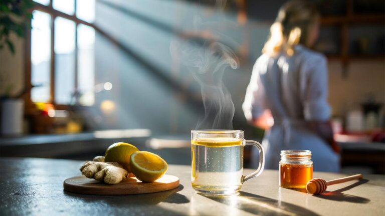 Illustration de la boisson matinale eau tiède, citron et gingembre, recommandée par des médecins pour renforcer les défenses immunitaires