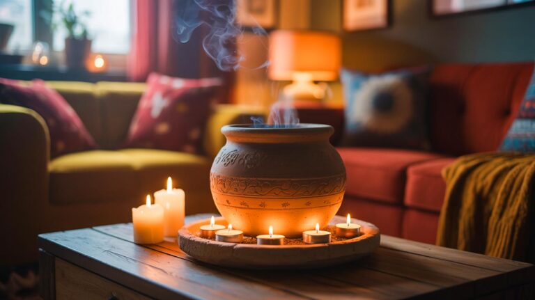 Illustration de l'astuce de chauffage virale avec un pot en terre cuite et des bougies.