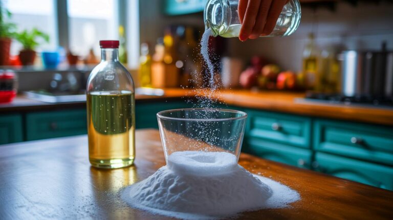 Illustration de la préparation d'un nettoyant maison à base de bicarbonate de soude et de vinaigre blanc (généré par IA). Credit: Ideogram.