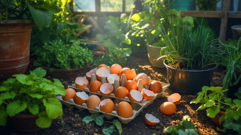 Illustration de l'utilisation de coquilles d'œuf dans un jardin comme amendement naturel (généré par IA). Credit: Ideogram.