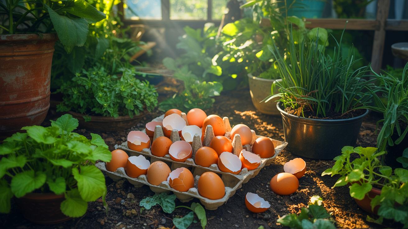 Illustration de l'utilisation de coquilles d'œuf dans un jardin comme amendement naturel (généré par IA). Credit: Ideogram.