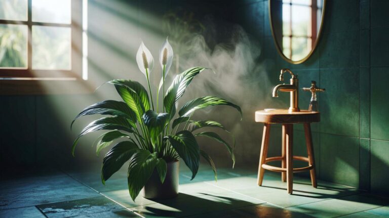 Illustration de la fleur de lune (Spathiphyllum) neutralisant naturellement les mauvaises odeurs dans un intérieur