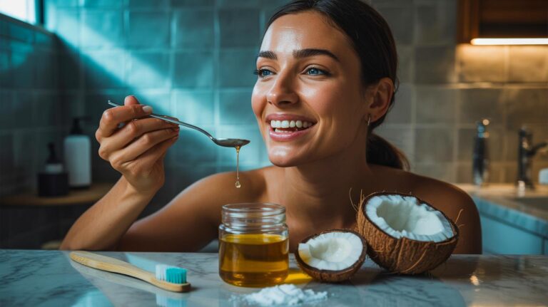 Illustration de la méthode de blanchiment des dents par bain de bouche à l’huile de coco, sans dentifrice ni bicarbonate