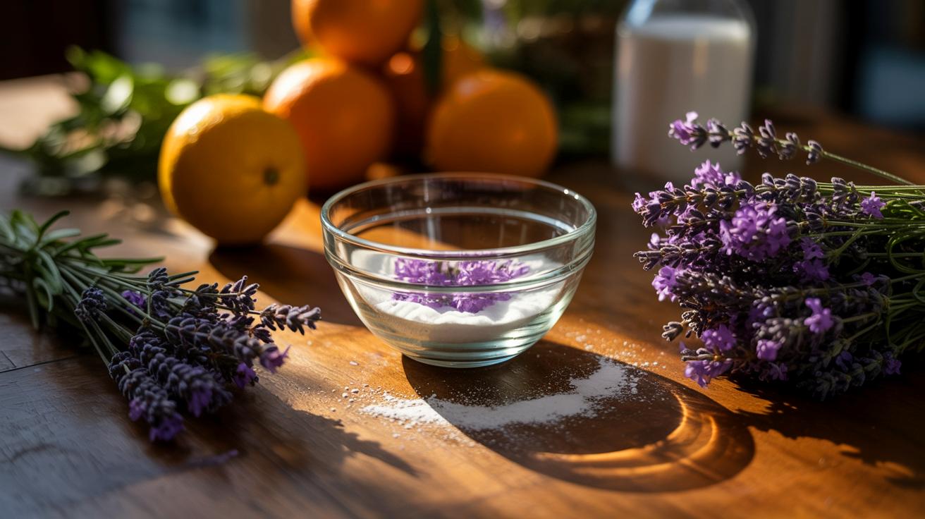 Illustration de l'utilisation d'un mélange de bicarbonate de soude et d'huiles essentielles pour parfumer naturellement la maison.