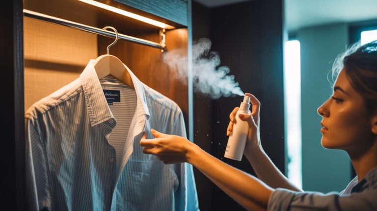 Illustration de défroissage d’un vêtement sans fer ni vapeur, à l’aide d’un spray lissant et d’une traction manuelle sur cintre