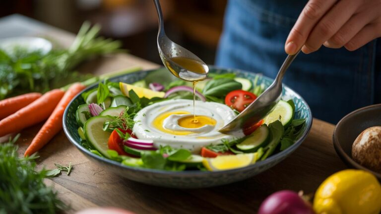 Illustration de la préparation d'une salade innovante sans huile ni vinaigre avec une émulsion à base de yaourt, citron et miel.