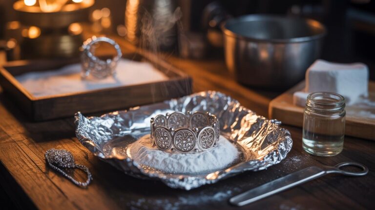 Illustration de l'astuce rapide et écologique pour nettoyer les bijoux en argent sans savon ni détergent.