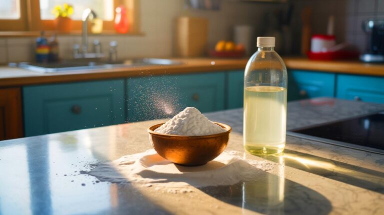 Illustration de la recette maison à base de bicarbonate de soude et de vinaigre blanc pour le nettoyage (généré par IA). Credit: Ideogram.