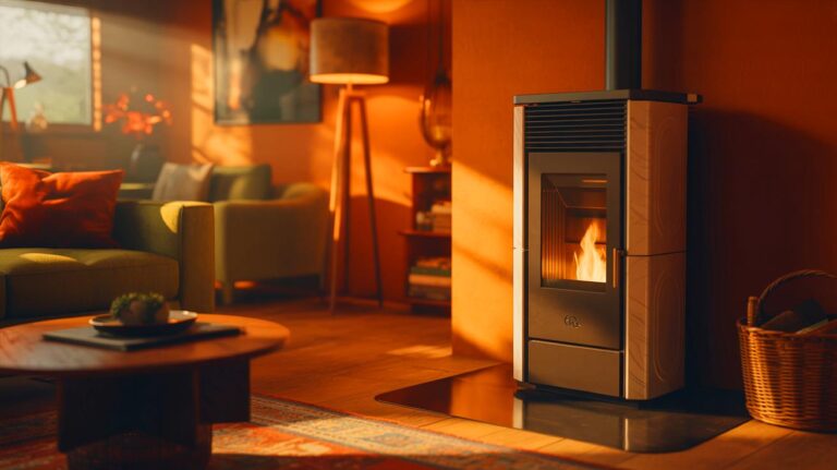 Illustration de poêle à granulés dans un intérieur moderne (généré par IA). Credit: Ideogram.