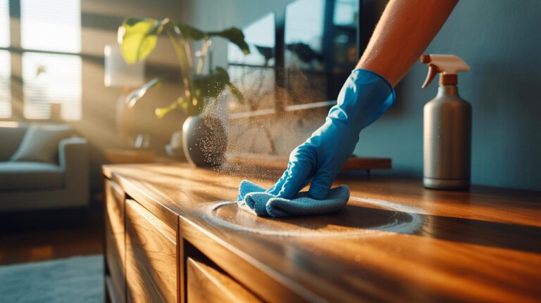 Illustration de [un gant microfibre légèrement humidifié retirant la poussière d’un meuble en un geste, par un mouvement en S, sans aspirateur ni balai]