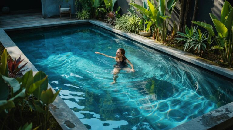 Illustration de la purification naturelle d'une piscine sans chlore ni produits chimiques.
