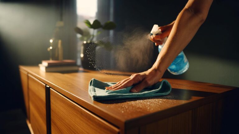 Illustration de l’essuyage antistatique d’un meuble avec un chiffon microfibre légèrement humide pour empêcher la poussière de revenir
