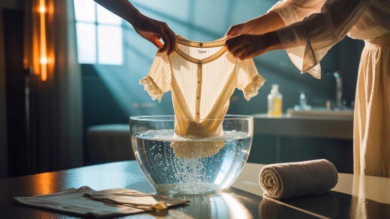 Illustration de lavage à la main de vêtements délicats avec eau gazeuse et serviette microfibre, sans lessive ni machine