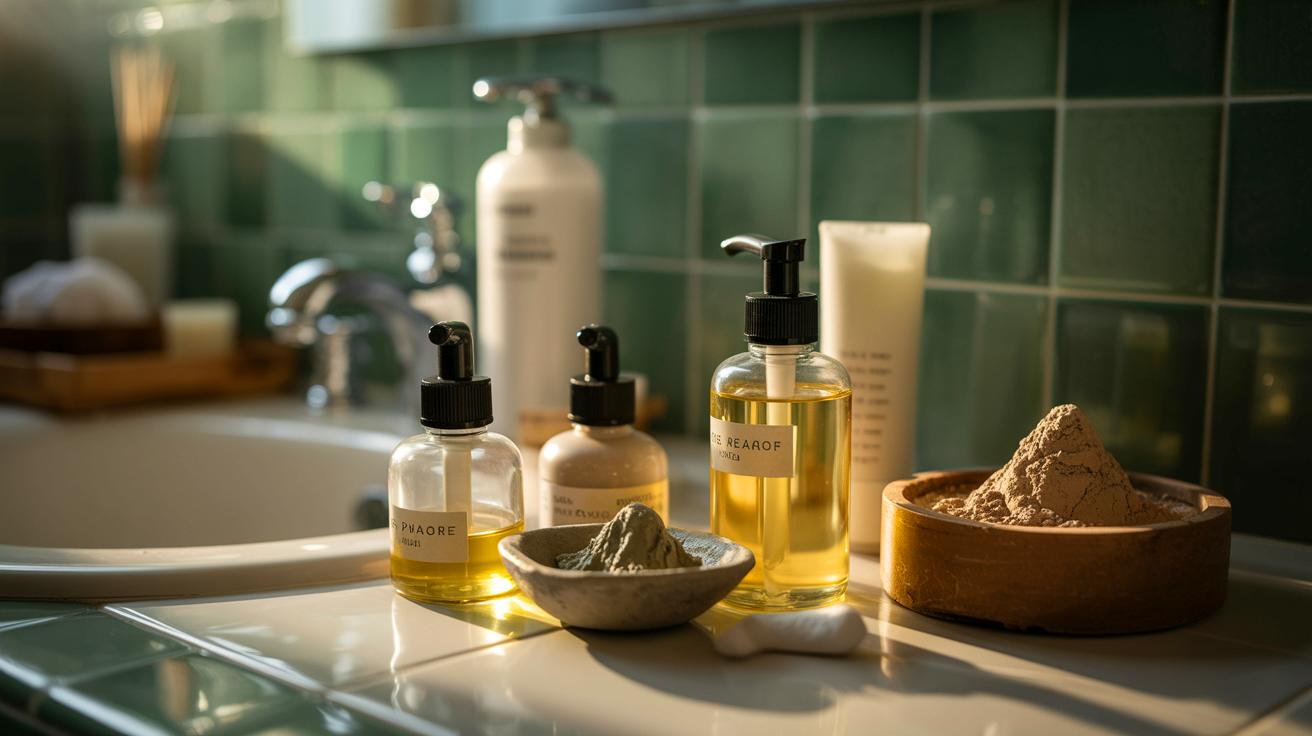 Illustration de rituels de soin de la peau sans savon ni gel douche pour une douceur naturelle.