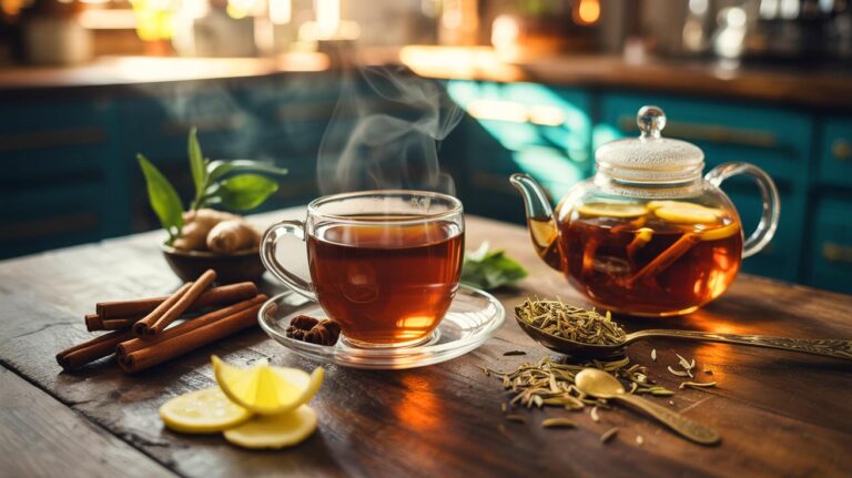 Illustration de [une tasse d’infusion sans sucre à base de cannelle, fenouil et gingembre, destinée à calmer les fringales et à favoriser la perte de poids]