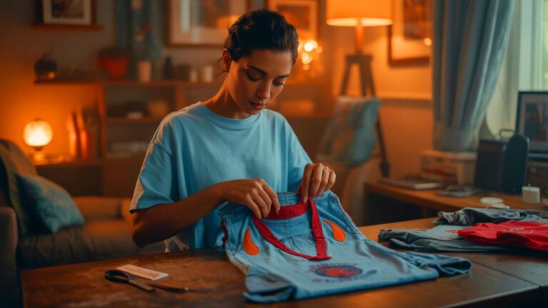 Illustration de la transformation d'un vieux t-shirt en sac à la mode (généré par IA). Credit: Ideogram.