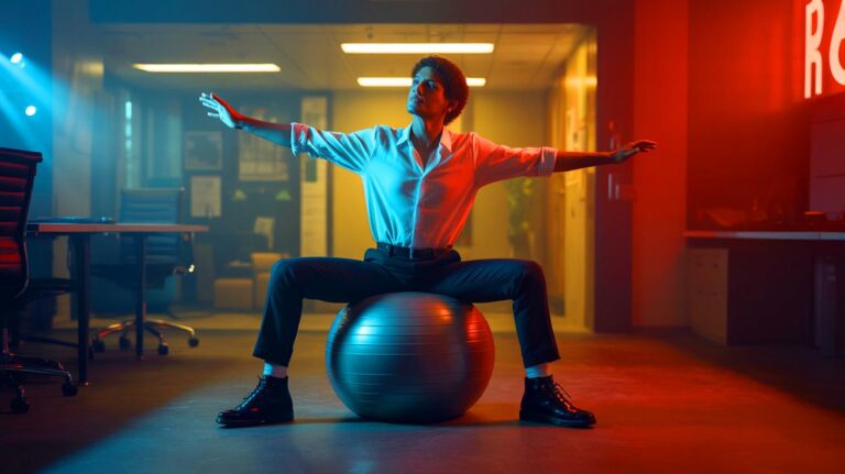 Illustration de l'utilisation d'un ballon d'exercice pour améliorer la posture (généré par IA). Credit: Ideogram.