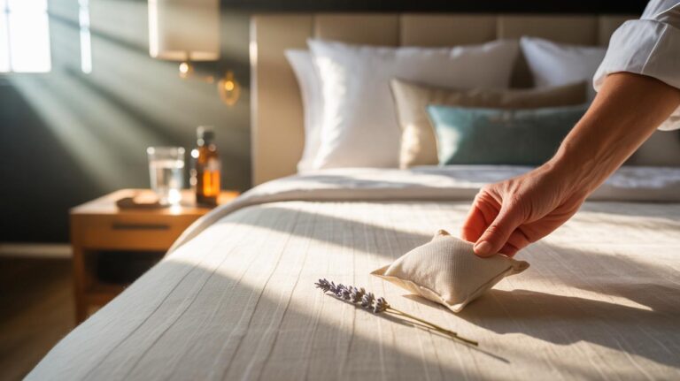 Illustration de sachets parfumés glissés dans la literie pour des draps qui sentent bon plusieurs jours